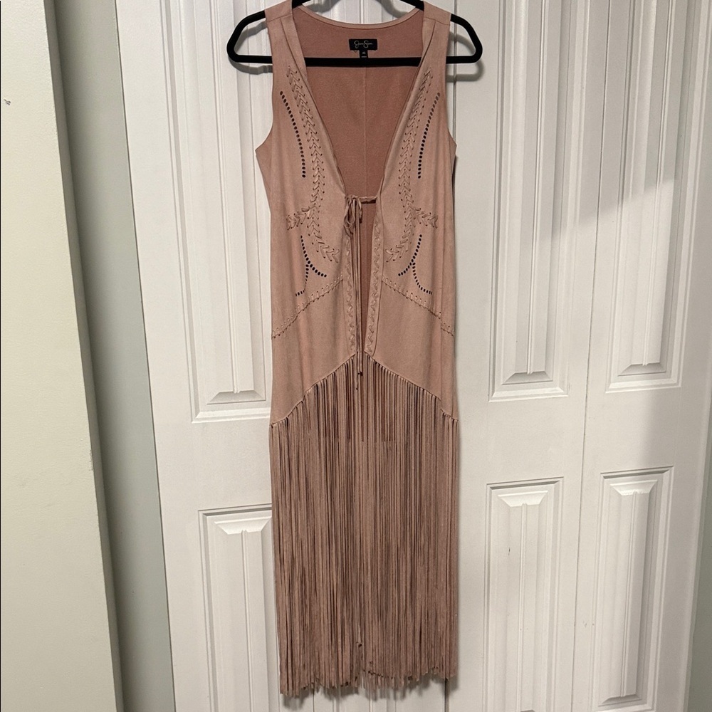 Jessica Simpson Dusty Pink Tan Fringe Vest Faux Suede - fits XS - med